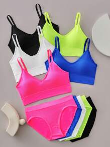 8 conjuntos de lencería simple, sujetador y pantis sin costuras acanalados lisos, lencería y ropa interior para mujer