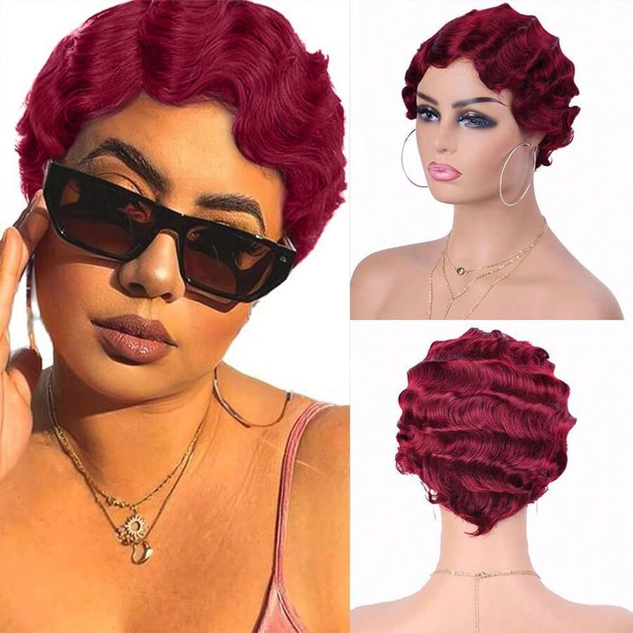 Tóc giả Finger Wave màu đỏ ngắn cho mẹ tóc giả xoăn tổng hợp cho phụ nữ Lady Nuna Wig 1920s Cosplay Costume Halloween Party sử dụng hàng ngày