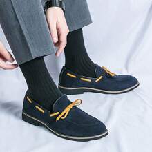 男士鞋款方头系带皮革乐福鞋低帮复古牛津鞋绒面革蝴蝶结一脚蹬莫卡辛鞋漆皮透气正装休闲皮鞋 - 藍色 - 查看 2