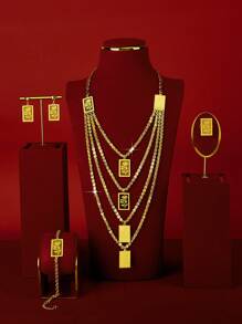 Mgyi Dubai-Inspired Minimalist, Sweet, Exaggerated, Gold-Colored Copper Fashionable And High-End Luxury Retro Big Jewelry Set For Women, Suitable For Outings, Leisure, Parties, Daily Dates, Christmas, And Other Holidays. It Includes A Layered Gold-Plated Long Necklace And Layer Tassel Earrings ,Bracelets And Ringsas A Gift For Women, Girlfriends, Parents, Etc - Gold - View 4