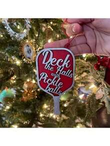 当代圣诞老人和圣诞树装饰品 - 手工制作的木制泡菜球拍挂饰，无需电池的节日装饰品 - 紅色 - 查看 3