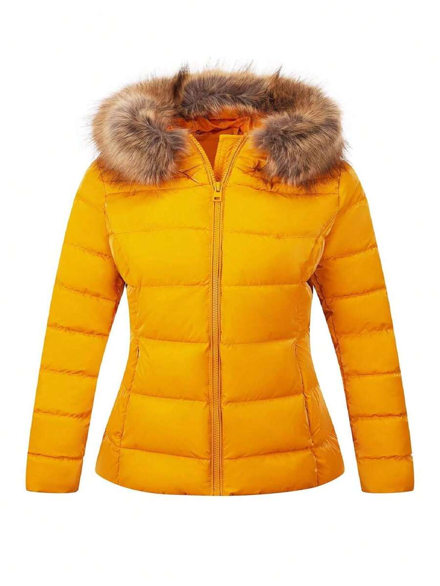 Womens Lightweight Jacket, Winter Coats For Women Warm Quilted Bubble Padded Hood Coat With Faux Fur Collar - 黃色 - 查看 1