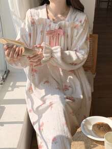 女士法兰绒睡袍宽松保暖中长款秋冬季加厚花朵印花长袖睡眠裙 - 白色 - 查看 3