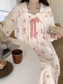 女士法兰绒睡袍宽松保暖中长款秋冬季加厚花朵印花长袖睡眠裙 - 白色 - 查看 4