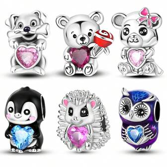 1Pc Silver Color Sparkling Lovely Animals Hug Heart Stone Dog Bear Penguin Hedgehog Owl Bead Charm Suitable For Original Bracelet Necklace Bangle Keychain Beads For Diy Jewelry Making Gift For Girl Friend