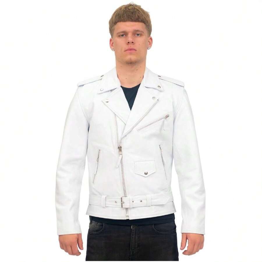 Mens Cow-Hide Black Brando Jacket -Venice - 白色 - 查看 1