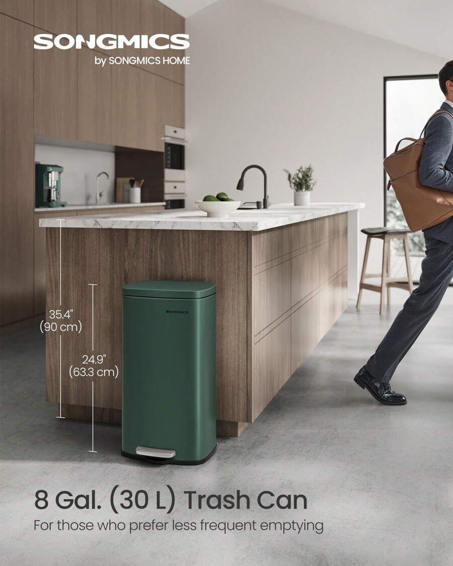 SONGMICS Trash Can With Lid, 8 Gallon Garbage Can, Stainless Steel Small Waste Bin With Step Pedal And Inner Bucket, Soft Close, Kitchen - 綠色 - 查看 1