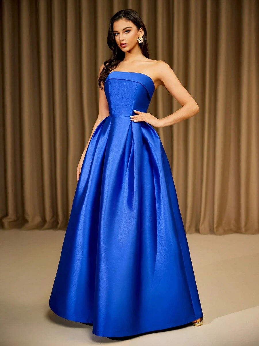 LOVE&LEMONADE Women's Blue Strapless Fitted Maxi Asymmetrical Evening Gown Dress - Blue - View 1