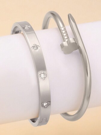 2 件套时尚奢华三叶草钉子袖口手链，不锈钢女式手镯，适合日常佩戴和情人节、妈妈、母亲、母亲节、礼物