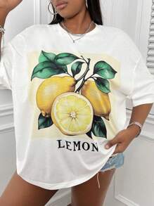 Plus Size Lemon Print T-Shirt, Summer - 白色 - 查看 3