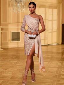 Fuaheng 不对称长袖亮片拼接大荷叶边开衩派对晚礼服，优雅鸡尾酒会半正式舞会礼服，适合生日、婚礼宾客、毕业典礼、晚宴、返校节、情人节等春季场合。 - 香檳色 - 查看 10