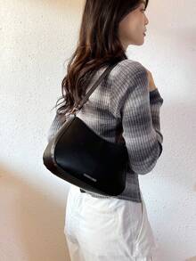 1 件 PU 材质复古紧凑型腋下迷你包，圆环金属肩带，单肩包和手提包，女士办公室通勤简约风格小钱包 - 黑色 - 查看 2