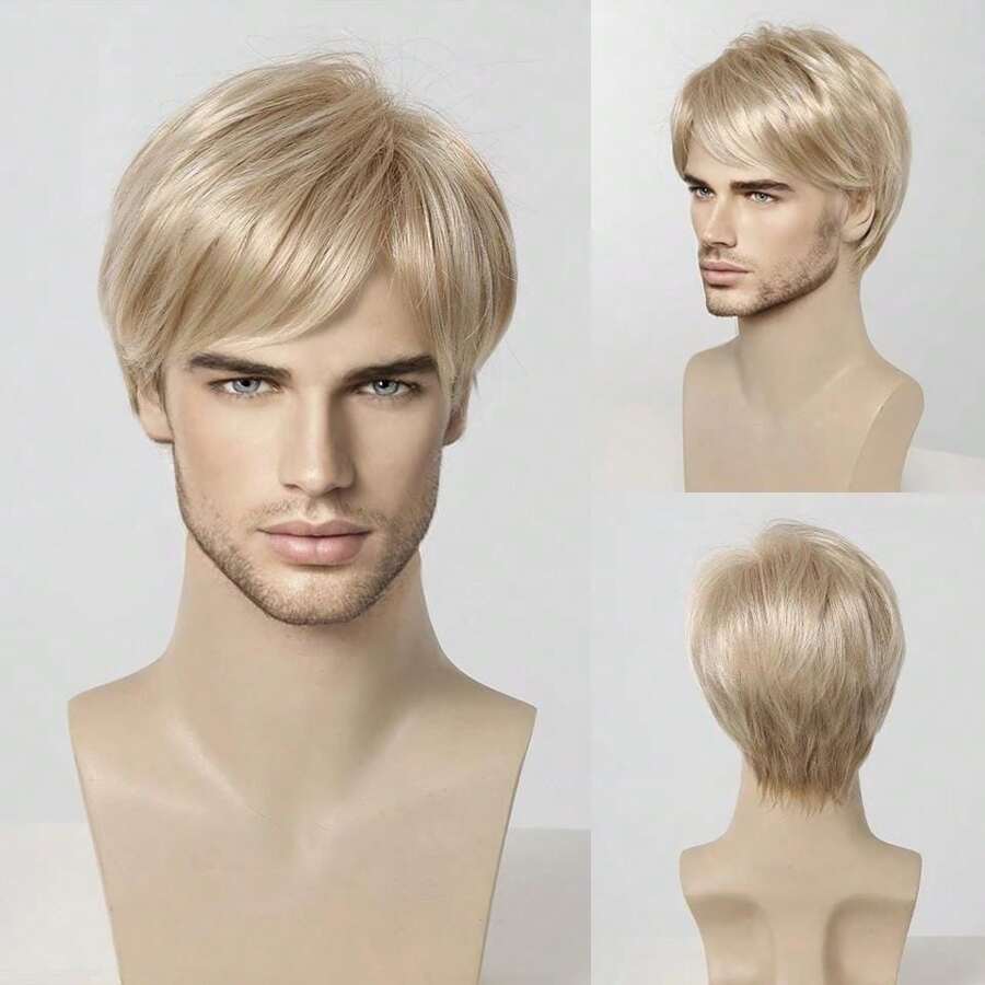 Men's Wigs Synthetic Light Blonde Straight Wig With Bangs Short Wig For Role Playing Party Daily Use - Vàng - Xem 1