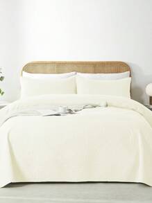 3 Pieces Of Solid Color Quilt Set With Creative Circular Pattern Design. Suitable For All Seasons, Soft And Comfortable Bedding Set, (Include 1 Quilt + 2 Pillowcases). - White - View 1