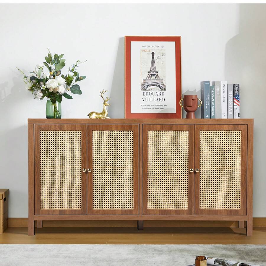 Rattan Sideboard Buffer Cabinet,Accent Storage Cabinet With 4 Rattan Doors, Modern Storage Cupboard Console Table With Adjustable Shelves For Kitchen, Hallway, Entryway, Living Room - Dark Walnut - Xem 1