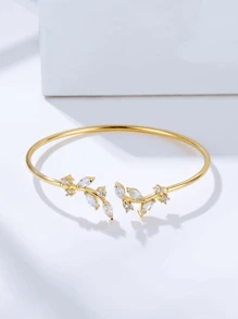 Cubic Zirconia Leaf Decor Cuff Bracelet