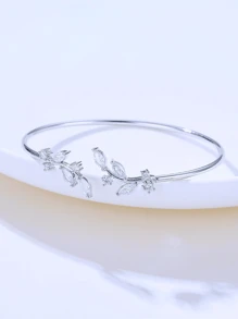 Cubic Zirconia Leaf Decor Cuff Bracelet