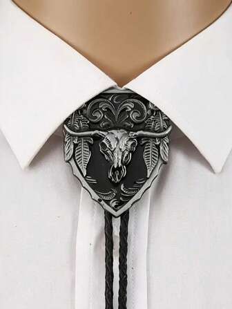 1pc Retro Paisley Pattern Long Horn Cattle Head Western Cowboy Bolo Tie, Casual Party Wedding Groomsman Bowtie, Fashionable Casual Shirt Tie, Men Street Style Necklace, Best Gift Choice Men Necktie