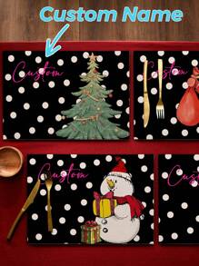 1pc Personalized Christmas-Themed PVC Heat-Resistant Placemat, Creative Santa Claus, Christmas Tree, Snowman Pattern DIY Name Rectangle Dining Mat, Waterproof Oil-Proof Heat-Resistant, Washable Tablecloth, Custom Placemats - A Holiday Gift For Friends, Family, Classmates, Housewarming Presents, Christmas Decor - Multicolor - View 2