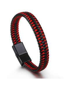 男士复古皮革磁性腕带手工编织手链，圣诞节、新年、情人节、节日礼物 - 藍色 - 查看 3