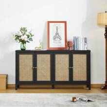 Rattan Sideboard Buffer Cabinet,Accent Storage Cabinet With 4 Rattan Doors, Modern Storage Cupboard Console Table With Adjustable Shelves For Kitchen, Hallway, Entryway, Living Room - màu đen - Xem 1