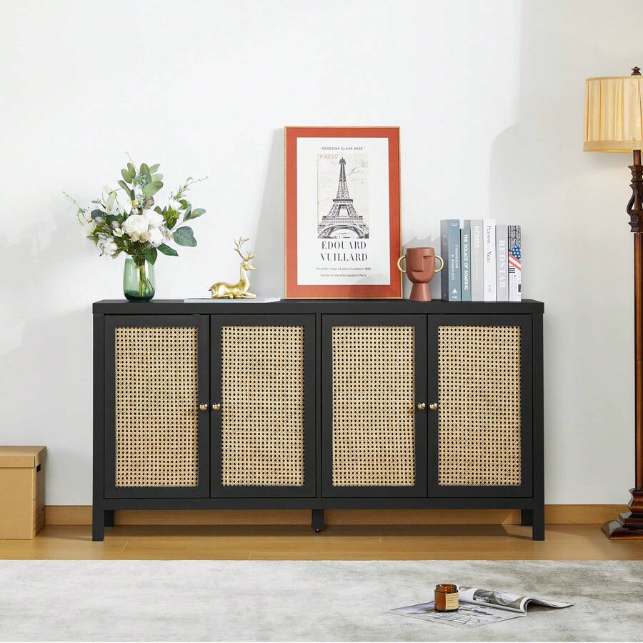 Rattan Sideboard Buffer Cabinet,Accent Storage Cabinet With 4 Rattan Doors, Modern Storage Cupboard Console Table With Adjustable Shelves For Kitchen, Hallway, Entryway, Living Room - màu đen - Xem 1