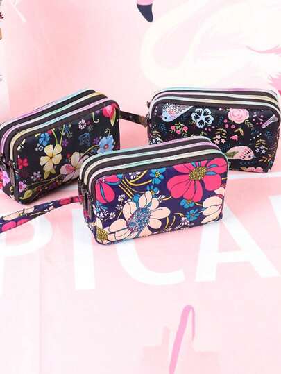 1 件女士帆布三折长钱包，火烈鸟、豹纹、花卉印花手包，大容量女士手提包，带零钱袋和手机袋