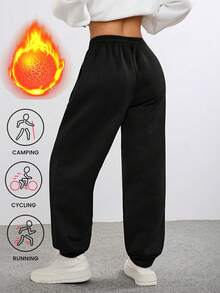 Pantalones de chándal de cachemira cálidos y transpirables de moda para mujer, otoño/invierno, para fitness, entrenamiento, correr, viajar, acampar, casual, moda deportiva - Negro - Ver 5