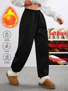 Pantalones de chándal de cachemira cálidos y transpirables de moda para mujer, otoño/invierno, para fitness, entrenamiento, correr, viajar, acampar, casual, moda deportiva - Negro - Ver 3