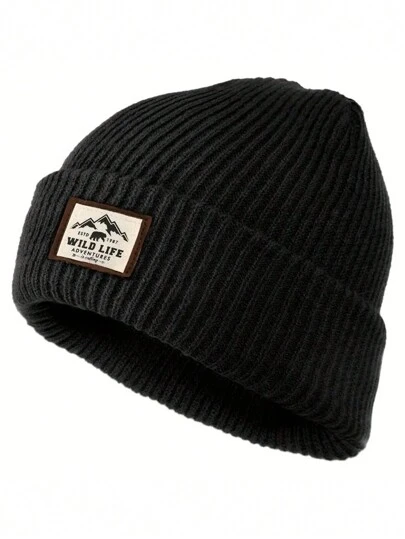 1 件女士时尚山地字母贴片粗条纹无檐便帽，保暖，适合秋冬休闲装