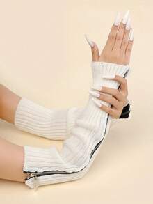 1 双针织袖套带拉链，冬季白色女式袖套手套 - 白色 - 查看 2