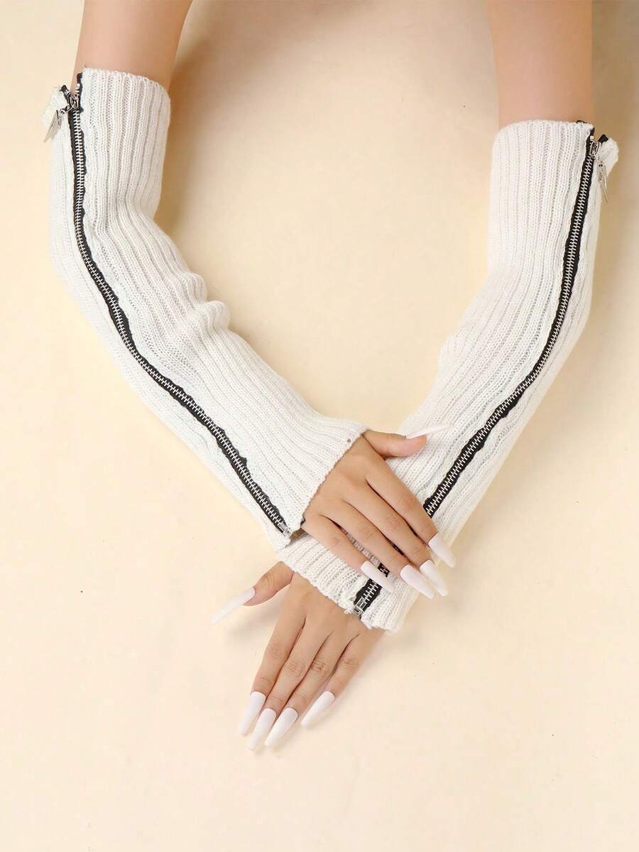 1 双针织袖套带拉链，冬季白色女式袖套手套 - 白色 - 查看 1