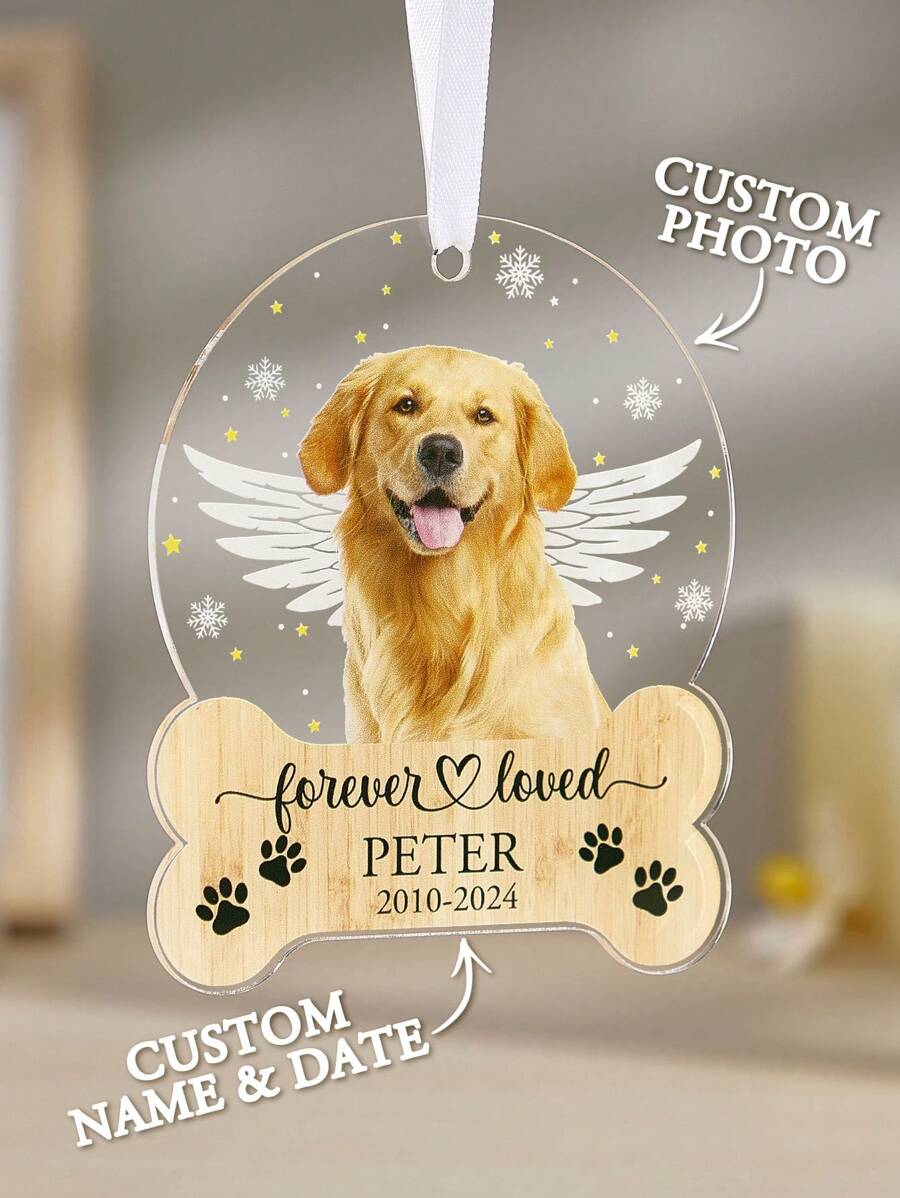 1pc Pet Photo And Text Ornament, Custom Memorial Ornament, Custom Hanging Decor, Custom Ornament, Personalized Ornament, Personalized Pendant, Remembrance Acrylic Ornament, Paws, Snowflakes, Bone Shape, Pet Lover Gift, In Loving Memory Of Loved Pet Ornament, Memorial Day Ornament, Sympathy Gift, Loss Of Pet, Gift, Sentimental Gift, Keepsake, 9*11cm, Gift For Him - Multicolor - View 1