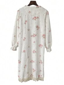 女士法兰绒睡袍宽松保暖中长款秋冬季加厚花朵印花长袖睡眠裙 - 白色 - 查看 10