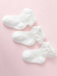 3 双婴儿/女孩袜子，白色简约可爱蕾丝荷叶边公主风格透气柔软短袜，适合户外运动、旅行、度假、公主裙搭配 - 彩色 - 查看 8