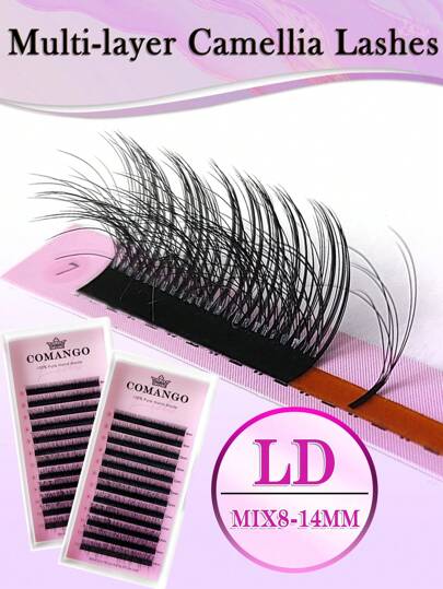 CoMango Mix8-14mm 3D Fluffy Double Layer Camellia Eyelash Extension 0.07mm C+LC/D+LD Curl Wispy Natural Soft Multi-Layer False Eyelash Auto-Fan Lash Extensinoslash Clusters,Eyelash Clusters,Individual Eyelashes,Lashes,Fake Lashes