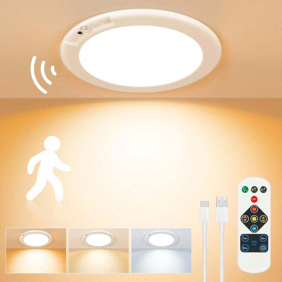 Rechargeable Ceiling Light, No Wiring Battery Operated Ceiling Light With Remote, Motion Sensor Dimmable Timing Motion Activated Overhead Shower Light For Bathroom Pantry Hallway Porch - 白色 - 查看 1
