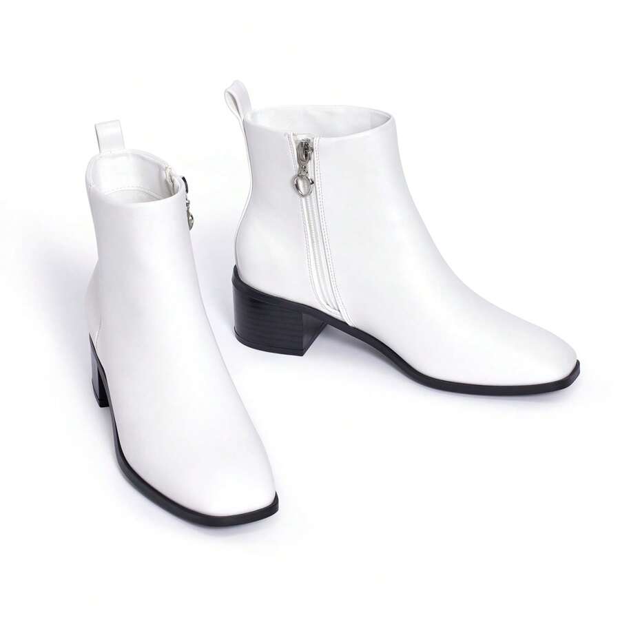 Giày bốt cổ ngắn mùa thu hiện đại cho nữ – Giày bốt đế thấp mũi vuông có khóa kéo cho mùa đông mặc ngày lễ tình nhân - trắng - Xem 1