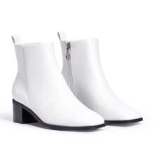 Giày bốt cổ ngắn mùa thu hiện đại cho nữ – Giày bốt đế thấp mũi vuông có khóa kéo cho mùa đông mặc ngày lễ tình nhân - trắng - Xem 3