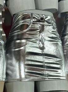Metallic Skirt Faux Leather Skirt Silver White Black Pink And Gold - 淺灰色 - 查看 3