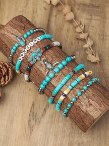 Bộ 7 chiếc vòng tay xếp chồng phong cách miền Tây Bohemian Vintage Cowgirl ngẫu nhiên bằng gốm mềm màu ngọc lam, chữ CCB, ngọc trai, đầu bò, hoa xương rồng - Màu xanh lam - Xem 2