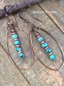 2 件复古波西米亚风天然石仿绿松石串珠水滴耳环，多色适合派对、日常佩戴 - 彩色 - 查看 3