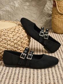 1 Pair Women's Flat Mary Jane Shoes, Black Buckle Casual Flats, Fashionable & Elegant For Dating, Autumn