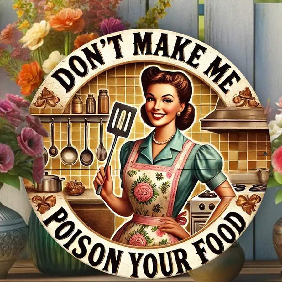 1pc 7.8 inch phong cách cổ điển bằng gỗ tròn trang trí với "Đừng làm tôi đầu độc thức ăn của bạn" và phụ nữ cầm thìa, phụ kiện treo trang trí nhà vui nhộn cho nhà bếp, quán cà phê, nhà hàng - Nhiều màu - Xem 1