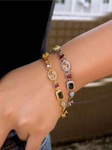 1 件精美多形状彩色方晶锆石链式手链，适合女士，可调节尺寸，时尚手饰，婚礼/派对/周年纪念/生日礼物 - multi shape - 查看 9