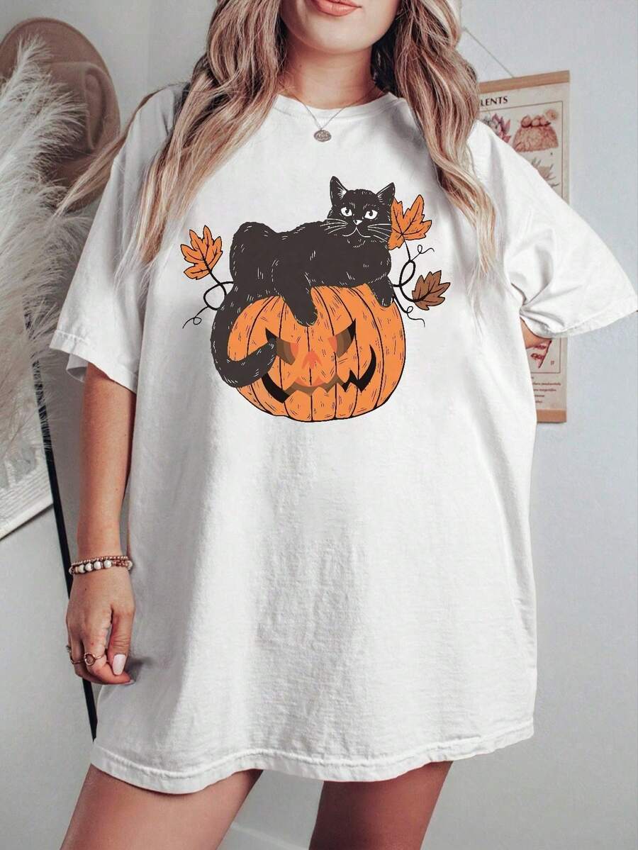 Plus Size Casual Pumpkin Cat Print T-Shirt - 白色 - 查看 1
