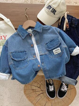 Jonge jongens Letter Print & Gestreepte Patchwork Denim Casual Shirt, Herfst