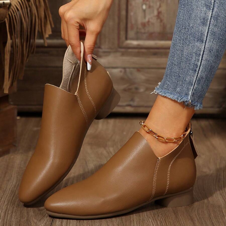 Giày bốt cổ thấp tối giản mới năm 2024, đế bằng, da thật, mũi vuông, giày bốt thời trang, giày bốt da thoải mái dành cho nữ. - màu nâu - Xem 1