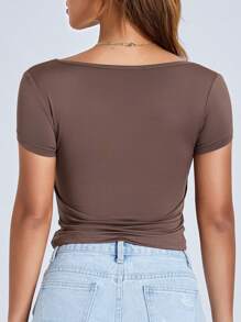 Women T-Shirt, Low-Cut Short Sleeve Pleated Solid Slim Fit Summer Tops For Casual Daily - 棕色 - 查看 9