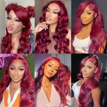 Glueless Red HD Lace Frontal Wig 28Inch Body Wave Synthetic Wigs For Women 99j Burgundy 13x4 Lace Frontal Wigs - 99J勃根地酒紅色 - 查看 5